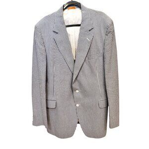 Mens Seersucker Striped Suit Jacket 48EXL Big & Tall Made In USA Blue/White Vtg